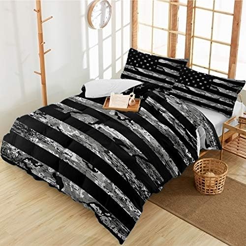Independence Day 3-Piece Bedding Sets Camouflage American Flag Patriotic Luxury Soft Duvet Cover, Microfiber Bet Comforter Protector with Pillow Shams for Women Men Teen Girl Boy Vintage Black Queen