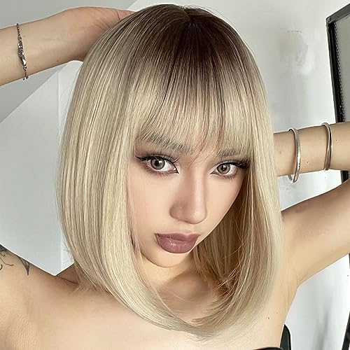 AISI BEAUTY Blonde Bob Wig with Bangs Short Straight Bob Wigs for Women 12 Inch Synthetic Straight Hair Wig for Girl Cosplay Party Wear(Blonde with Dark Roots)