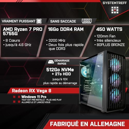 SYSTEMTREFF PC Gamer Basique AMD Ryzen 7 Pro 5755G 8x4.6GHz | Radeon RX Vega 8 4K HDMI DX12 + 2To HDD | 16Go DDR4 RAM | Windows 11 | Ordinateur de Bureau WLAN pour Les Joueurs, Les Gamers – Image 3