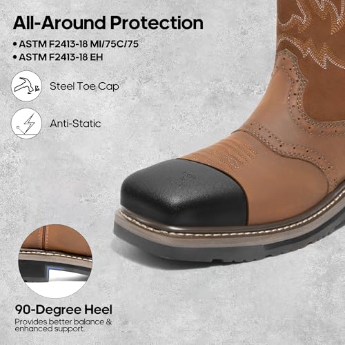 NORTIV 8 Steel Toe Cowboy Boots for Men Western Square Toe Leather Work Boots with Hazard Protection,for Construction Farming Bronco Trailblazer4