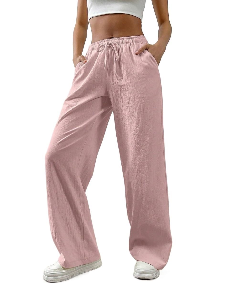 Womens Fall Loose Straight Drawstring Waist Slant Pocket Pants Trousers Pink