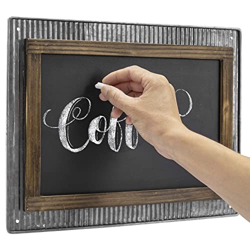 Mygift 12 X 16 Inch Wall Mounted Chalkboard Sign - Rustic Burnt Wood Frame Chalk Message Board On Galvanized Corrugated Metal - Small Memo Display Chalkboard #TOP22