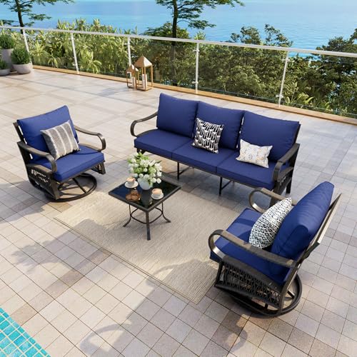 Image of 4 Pieces Outdoor Furniture Set, Patio Conversation Set with Swivel Rocking Chairs Sets and 3-Seater Couch Sofa for Deck, Porch, Garden, Backyard, Poolside (Blue Cushions)