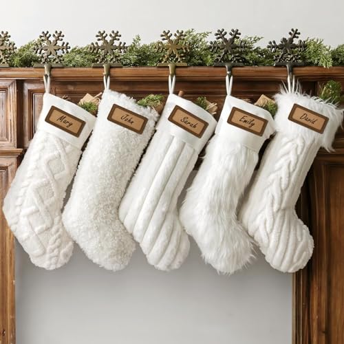 Rustic Personalized Christmas Stockings, 5 Pcs 18 Inch Luxury Snow White Thick Plush Faux Fur Stocking with 5 Styles of Textured Patterns, Home Decor Party Christmas Decorations Gift for Mantal