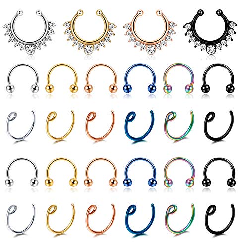 CASSIECA 28 Pcs Fake Nose Hoop Rings for Men Women Stainless Steel Lip Ear Nose Septum Ring Non-Pierced Clip On Nose Horseshoe Ring Faux Body Jewelry