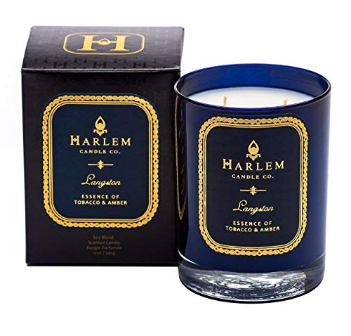 Harlem Candle Company Langston Luxury Candle, 12 Oz Blue Glass Jar, Double Wick, Soy Wax, Gift Box, Jasmine, Sandalwood, Nutmeg, Cloves, Vanilla, Leather, And Amber #TOP1