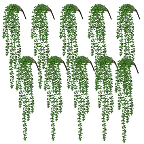 Image of RECUTMS 10pcs Artificial Hanging Succulents Fake Hanging String of Pearls Plants Faux Greenery Wall Plant Spring Summer Indoor Outdoor Home Garden Office Wedding Graduation Party Decor(Green)