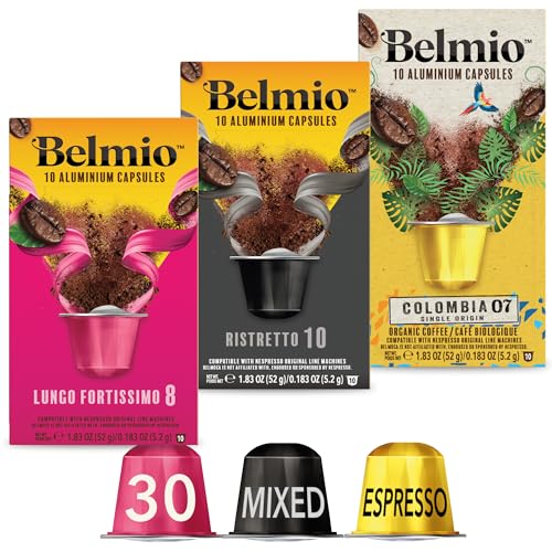 Image of Belmio Belgian Coffees Variety Pack 3 Aluminium Nespresso Original Compatible Coffee Pods Lungo Fortissimo, Ristretto & Colombian 30 Specially Selected Capsules (3 x 10 packs)