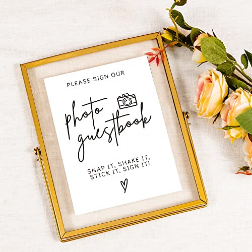 Image of Calculs Wedding Photo Guest Book Sign, 8x10 Gold Floating Picture Frame | Double glass metal frame, fits 6x8 insert, photo guest book station, reusable tabletop frame for signs and photos