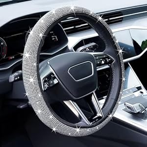 Limsas Bling Rhinestone Steering Wheel Cover with Crystal Diamond for Women, Sparkling Car Wheel Protector Universal Fit 14-15 inches – White