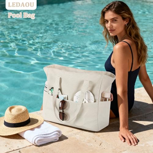 Image of LEDAOU Large Beach Tote Bag Women Waterproof Sandproof Zipper Beach Tote Bag for Pool Gym Grocery Travel with Wet Pocket | Sandproof