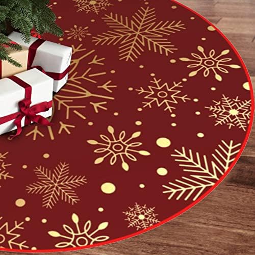 Gold Christmas Tree Skirt Snowflakes Xmas Tree Skirts, Plaid Large Christmas Tree Mat with Snowy Pattern for Decorations Holiday Party 48 Inches