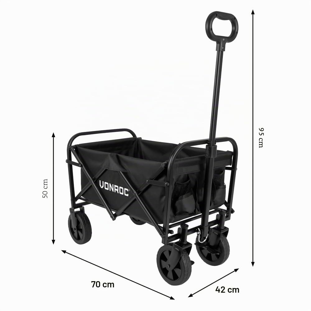 VONROC Faltbarer Bollerwagen für Garten und Strand – kompakt, 60 kg Tragkraft, 50 l Fassungsvermögen – pannensichere Räder, Stahlrahmen, zusammenklappbar mit Tasche, schwarz
