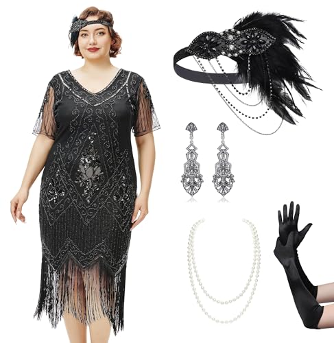 BABEYOND Great Gatsby Kleider-Set für Damen, Übergröße, Cocktailkleid, 1920er-Jahre, Flapper-Kostüm-Set für Damen, Set - Schwarz, 5XL