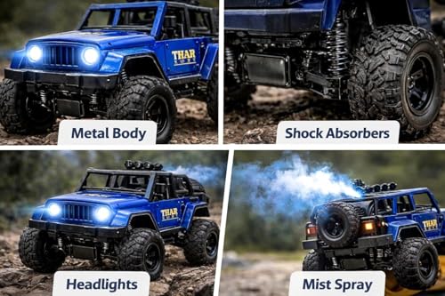 Image of TEC TAVAKKAL 1:14 RC Car High Speed 2WD Rock Crawler Monster Truck | Rechargeable Type-C Remote Control Car with Smoke Fog Effect | Metal Body, LED Lights, Off-Road Climbing Toy for Kids (Blue)