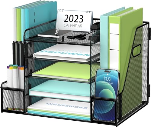 Image of SUPTIDY Mesh Desk Organiser with File Holder, 5-Tier Paper Letter Tray with Magazine Holder, Paper Organiser and Storage for Office Supplies Home or School, Black