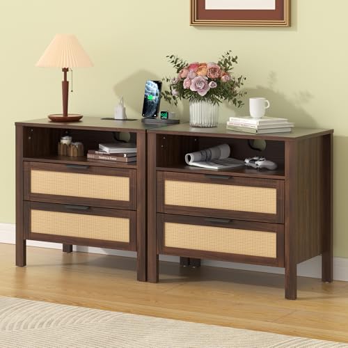 HOMMPA Rattan Night Stand with Charger Station Set of 2, 26'' Wide Boho Nightstand with 2 Drawer, Modern Bedside Table with Plug, Bed Side End Table Dresser with Open Shelf for Bedroom, Walnut - image 1