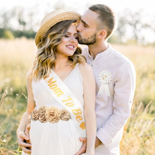 Image of Baby Shower Maternity Sash Belly Belt-Pink Flower Sash Set Mom to Be & Dad to Be Corsage Pins for Gender Reveal