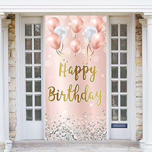 Image of Pink Rose Gold Happy Birthday Door Banner Backdrop Decorations for Women Girls, Happy Birthday Party Door Cover Sign Background Supplies for 16th, 21st, 30th, 40th, 50th, 60th Birthday
