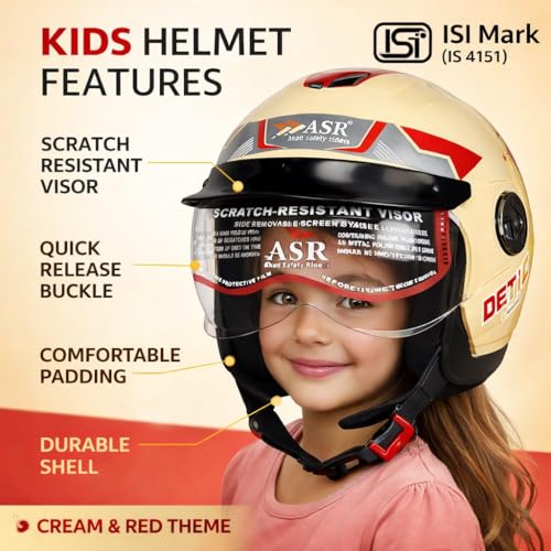 Image of ASR Junior Riders Helmet, High-Impact ABS Shell, Scratch & UV Resistant, Wide-View Visor, ISI Approved, Boys & Girls,Size-XS (Cream)