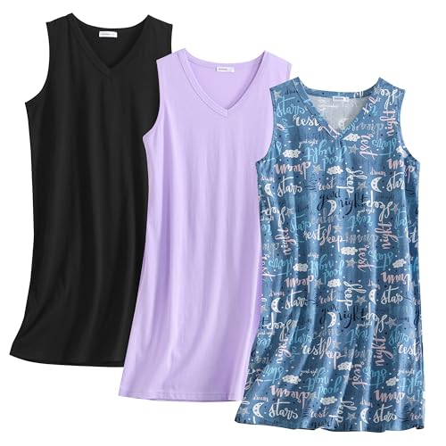 Image of PNAEONG 3 Pack Womens Cotton Nightgown V Neck Nightshirts Sleeveless Sleepwear Casual Print Sleepdress