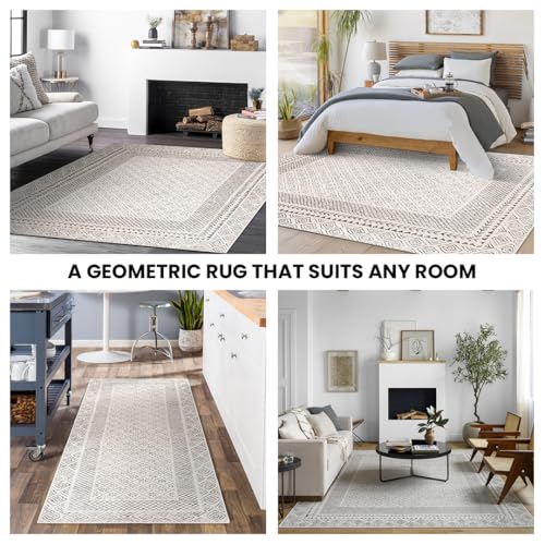 Livabliss Monaco Geometric Rug - Scandi Area Rugs Living Room 160x220 cm, Dining, Kitchen - Neutral, Abstract Patterned Rugs, Boho Rug Style, Easy Care Pile - Large Rug, Beige and Charcoal Grey Rug