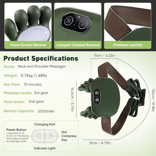 Neck Massager with Heat for Pain Relief deep Tissue, Bionic 4D Deep-Kneading Massage with Soothing Heat,Adjustable Intensity,Portable & Ergonomic Design for Home,Office,and Travel Relaxation