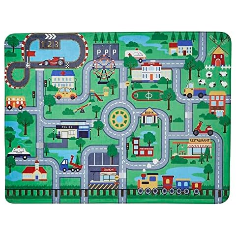 LUX Rugs Green Fun Roads & Vehicles Scene Childrens Floor Rug 100cm x 150cm | 100% Polyester | Cushioned Backing | Super Soft Feel | Highly Durable | Kids Mat Cover