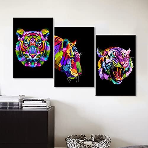 3 Piece Colorful Tiger Wall Art Animal Wall Art Tiger Poster Tiger Pictures For Wall Decor Tiger Canvas Tiger Art Tiger Painting Tiger Canvas Wall Art For Kids Room Living Room Decor (12''Wx16''Hx3Pcs) #TOP4
