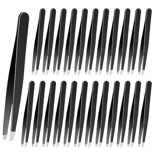 24PCS Slanted Lash Tweezer for Women Men, Eyebrow Tweezers Stainless Steel Slant Tip Tweezers for Ingrown Hair Removal Eyelash Extension Plucking Blackhead