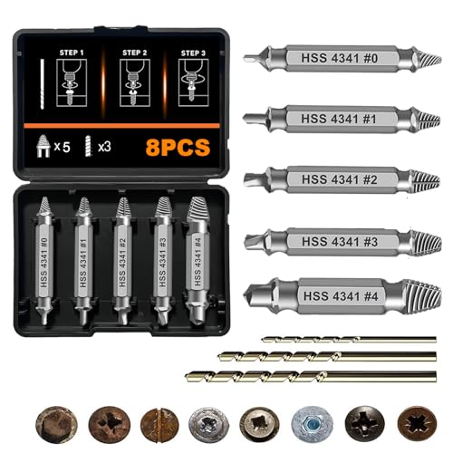5 Pièces Extracteur Vis avec 3 Forets, Vis Autoforeuse Metal HSS 4341, Tourne Gauche Extracteur Endommagées, pour Endommagées Boulon