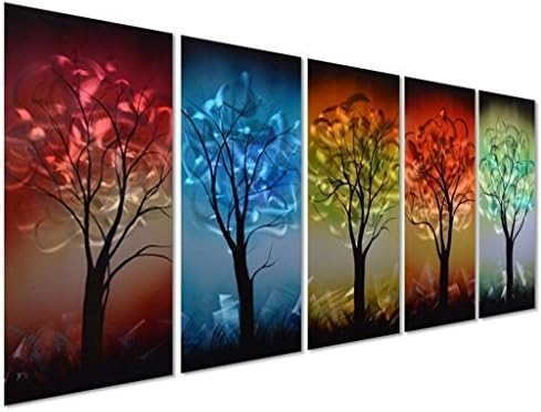 Pure Art Multi-Colored Tree Metal Wall Art - From Dusk til Dawn 3D Wall Art for Modern and Contemporary Decor - Handcrafted Decorative Wall Hanging in 5-Panels 24 x 64 inch