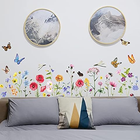 Colorful Flower Wall Stickers with Butterfly and Bee 41 Pcs Removable Flower Wall Decals DIY Peel and Stick Art Wall Decor Mural for Nursery Baby Kids Bedroom Living Room Kitchen Home Decoration Cover
