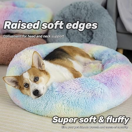 Image of ZEXSAZONE Round Donut Pet Bed for Cats and Puppies Dogs Mat, Cozy and Plush, Raised Bedside Support, Both Sides Use Like 2 in One, Washable, Sizes for Small, Medium, and Large Pets. (Rainbow, Medium)