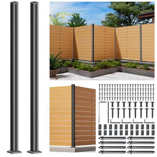 Uphode 201 Stainless Steel 5FT Privacy Screen Outdoor Fence Post for Wood Slats, Concrete Install Wooden Privacy Fence Panel Post (Corner Post) 2Pack