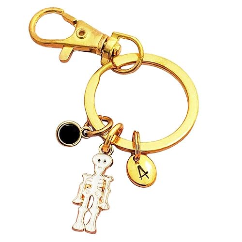 White Skeleton Keychain or Zipper Pull, White Skeleton Keyring, Optional Initial and Birthstone, White Skeleton with Gold Base (2. Skeleton Keychain)