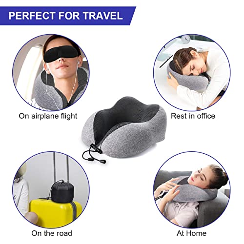 AILUKI Travel Pillow Comfortable Potable Memory Foam Neck Pillow, Machine Washable, Airplane Car Flight Pillow with Carry Case, Eye Masks, Earplugs