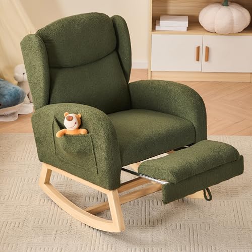 DEKKETO Fauteuil à Bascule avec Repose-Pieds - Rocking Chair Allaitement à Dossier Haut et Poche, Chaise a Bascule à Oreilles en Bouclette, pour Salon,...