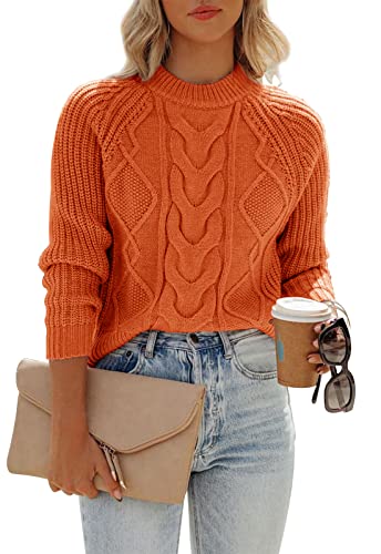 Image of Ancapelion Women’s Long Sleeve Jumpers Crew Neck Sweater Cable Knitted Orange Jumper Pullover Tops for Ladies L
