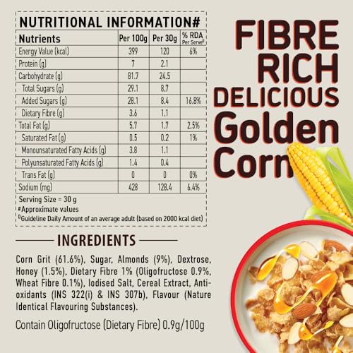 Image of Bagrry's Corn Flakes Plus 750g- Almond and Honey | With Added Fibre | California Almonds, Raw Honey, Golden Corn, Wheat Fibre| High Fibre Breakfast Cereal| Naturally Cholesterol Free Cornflakes | No Preservatives