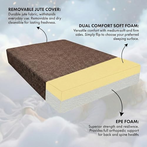 Image of C-Type Sofa Bed 3x6 Ft with Pouffe - Jute Fabric Convertible Floor Sofa Cum Bed with Wide Arm Support for Living Room & Guest Room - Brown Color