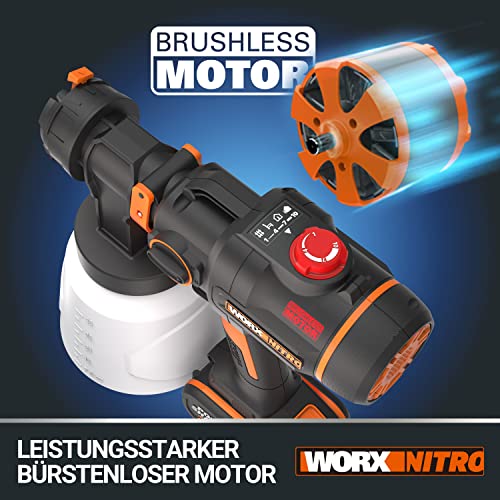 WORX WX020.9 Nitro Akku-Farbsprühsystem 20V - leistungsstark bürstenloser Motor - 3 Sprühform & 4 Düsengrößen - einfache Reinigung - gleichmäßiges Sprühen - ohne Akku & Ladegerät