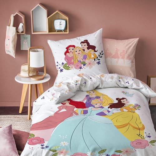 OMYDREAM Disney Home Princesse Parure de lit imprimée Bal | 100% Coton | Oeko-TEX | Housse de Couette 1 Personne Fille 140x200 cm + Taie d'oreiller 63x63 cm | Blanc