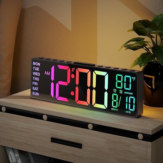 Image of LED Digital Wall Clock Hanging, Auto-Adjustable Brightness, Easy to Read at Night12 /24Hr Auto-Adjustable Brightness Temperature,for Bedroom,Living Room,Office. (Rainbow)