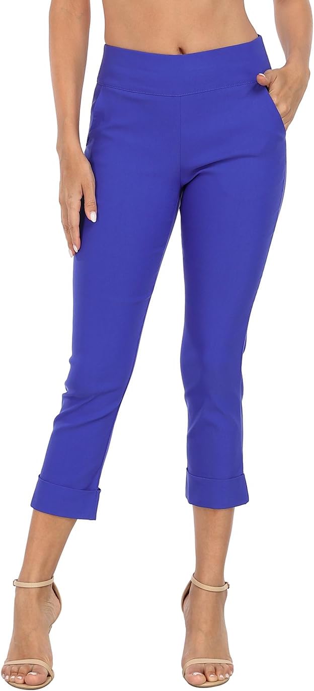HDE Pull On Capri Pants for Women with Pockets Elastic Waist Cropped Work Pants