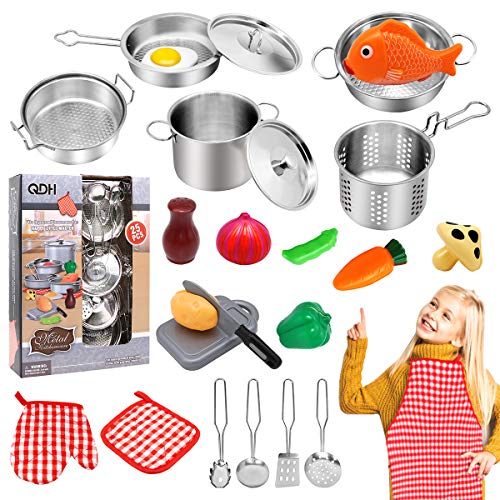 QDH Play Kitchen Accessories Kids Kitchen Pretend Play Toys with Stainless Steel Cookware Pots and Pans Set for Toddlers Cooking Utensils Apron and Cutting Play Food for Girls Boys Educational Tool