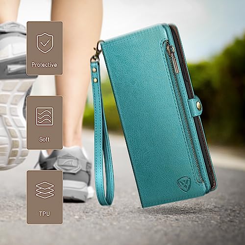 Image of XcaseBar Compatible with Samsung Galaxy S25 Wallet case with Zipper Credit Card Holder【RFID Blocking】,Flip Folio Book PU Leather Phone case Shockproof Cover Women Men for Samsung S25 case Blue Green