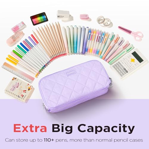 Image of Sooez Large Pencil Case Pouch, Extra Big Pencil Bag with 8 Compartments, Pen Bag Wide Opening, Soft Quilted Pencil Pouch Organizer with Zipper, Portable Pencil Case for Teen Girls, Purple