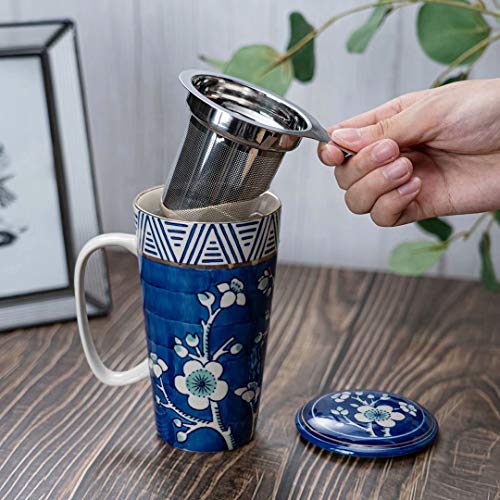 Taimei Teatime Hand Painted Tea/Coffee Mug, Ceramic Tea Cup with Infuser and Lid, 17 fl oz Large Tea Maker for Loose Leaf Tea, Blue and White - Thumbnail 7