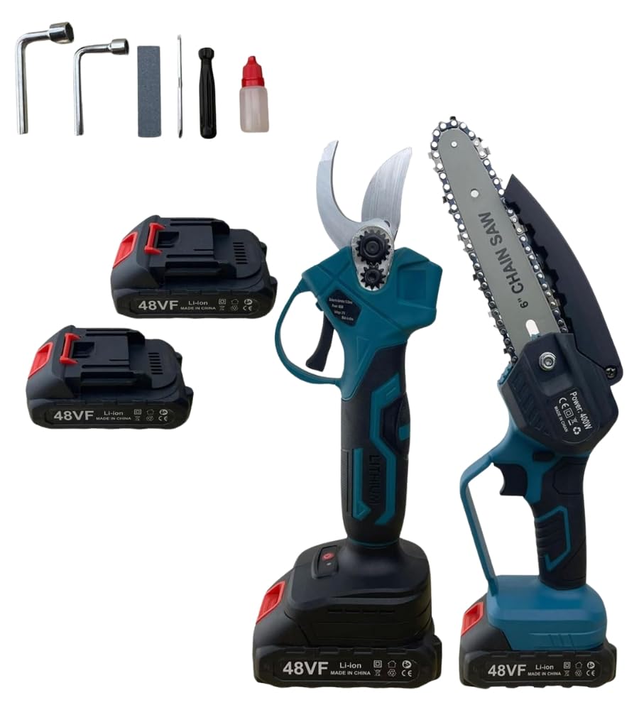 Kit Potatura, Forbici da Potatura e Mini Sega Elettrica, Motosega Lama 6", Trancia Rami Professionale Cesoie Elettriche portatile, Taglio 28 mm, con 2 Batterie da 48V, Valigetta e Accessori